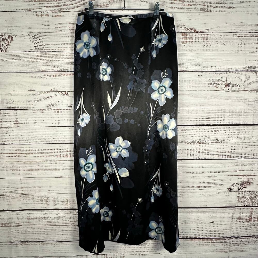 Womens Y2K Tracy Evans Black Blue Floral Satin Maxi Skirt Fairy Whimsigoth 13